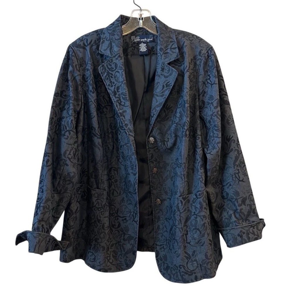 Susan Graver Printed LK Fusion Cutaway Hem Jacket Black Large